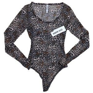 Steve Madden Sheer Mesh Long Sleeve Women's Thong Bodysuit NWT Cheetah